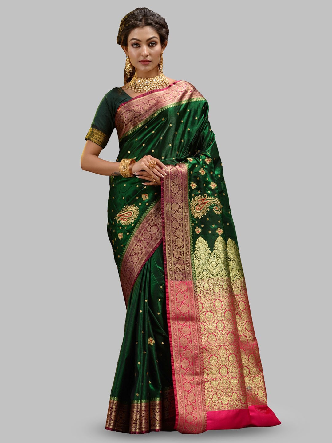 

HOUSE OF BEGUM Ethnic Motifs Woven Design Zari Banarasi Saree, Green