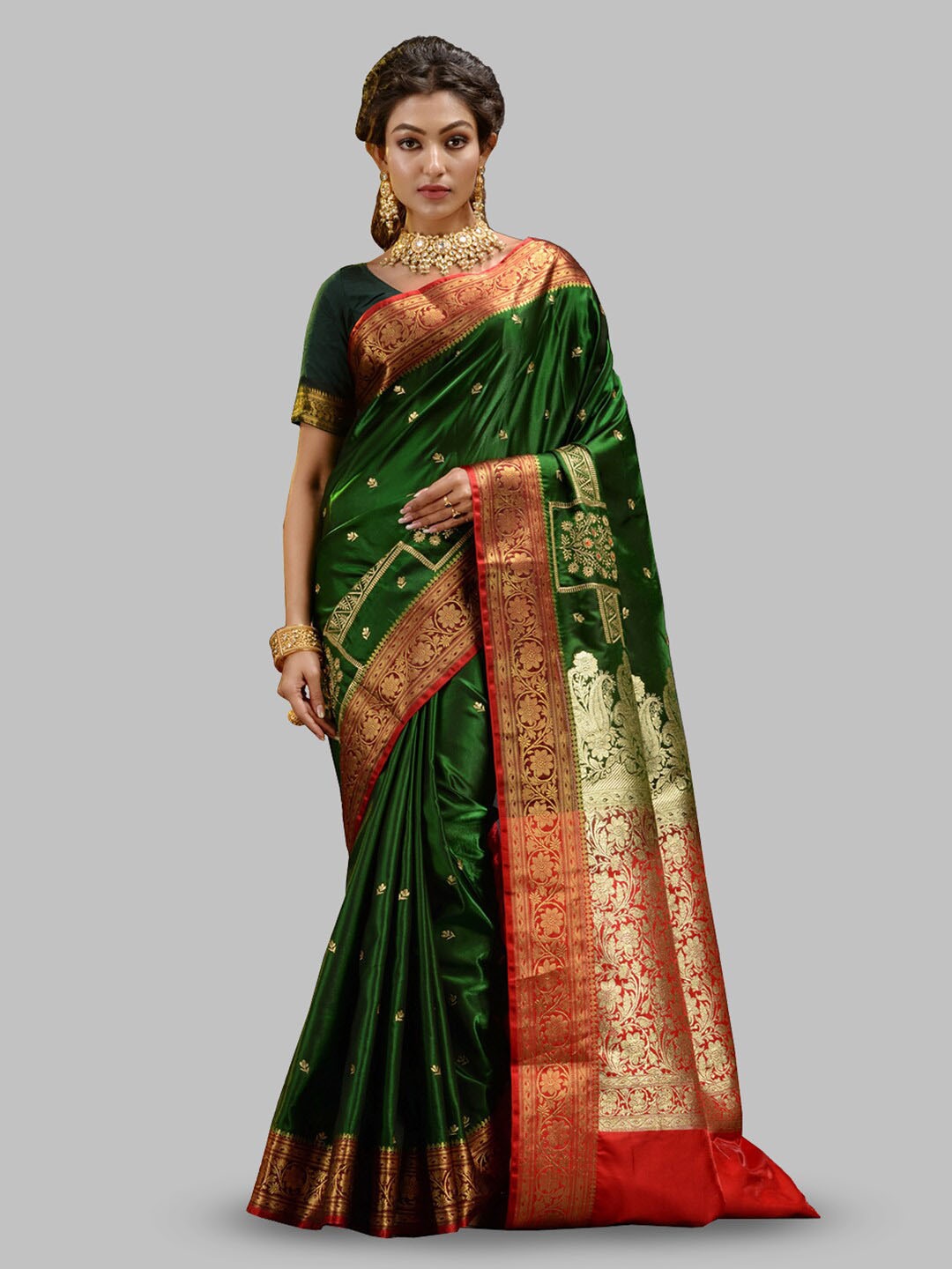 

HOUSE OF BEGUM Ethnic Motifs Woven Design Zari Banarasi Saree, Green