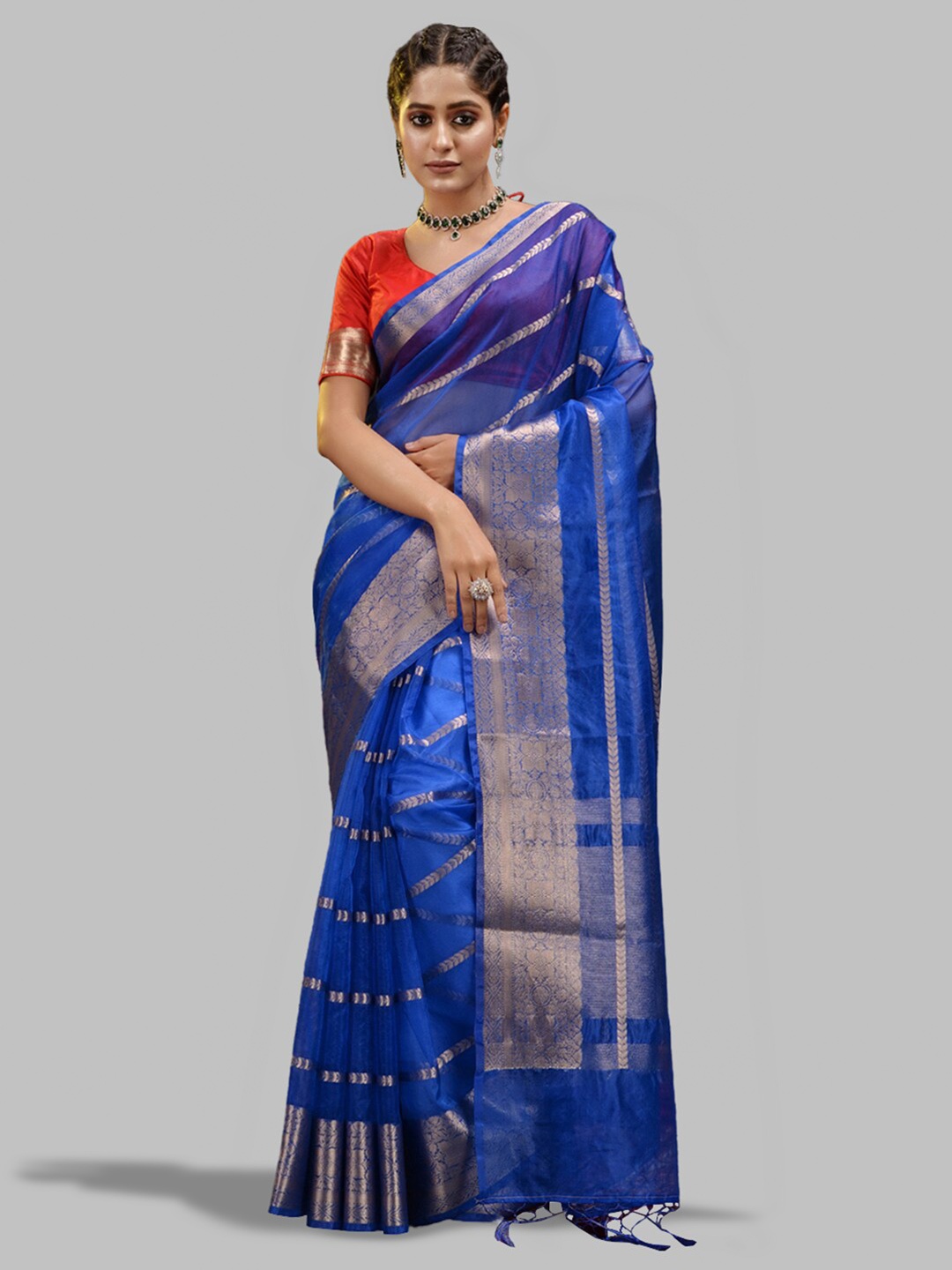 

HOUSE OF BEGUM Striped Woven Design Zari Organza Handloom Banarasi Saree, Blue