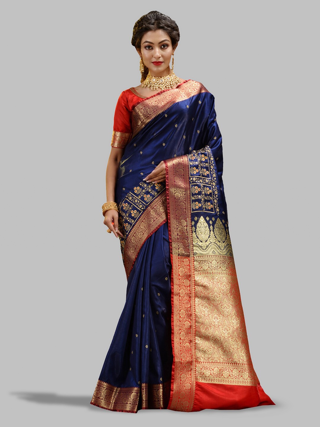 

HOUSE OF BEGUM Ethnic Motifs Woven Design Zari Handloom Banarasi Saree, Navy blue