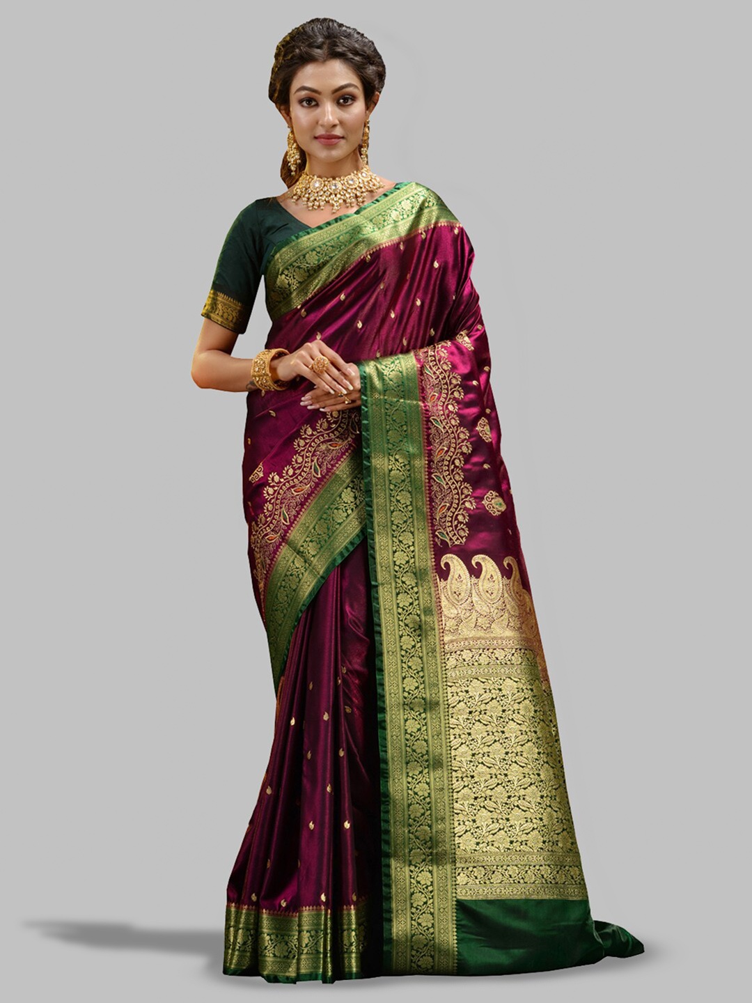 

HOUSE OF BEGUM Ethnic Motifs Woven Design Zari Handloom Banarasi Saree, Maroon