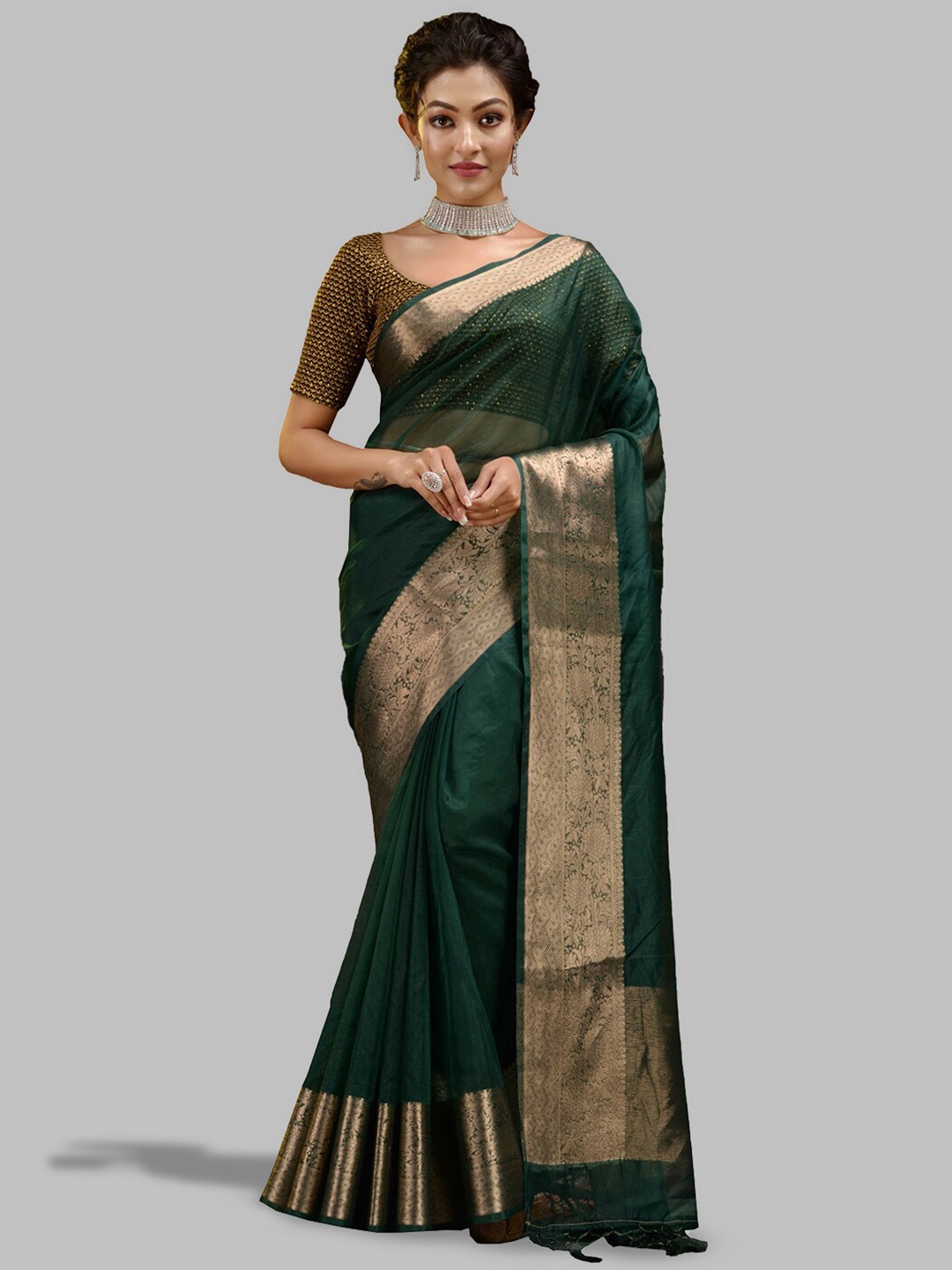 

HOUSE OF BEGUM Zari Organza Handloom Banarasi Saree, Green