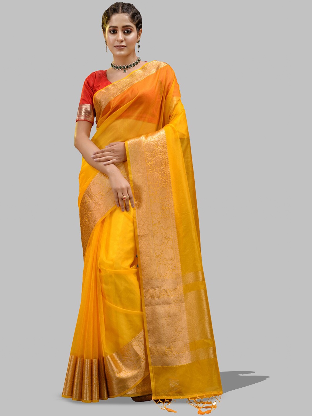 

HOUSE OF BEGUM Zari Organza Banarasi Saree, Yellow