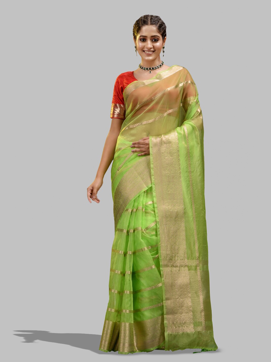 

HOUSE OF BEGUM Ethnic Motifs Woven Design Handloom Zari Organza Banarasi Saree, Green