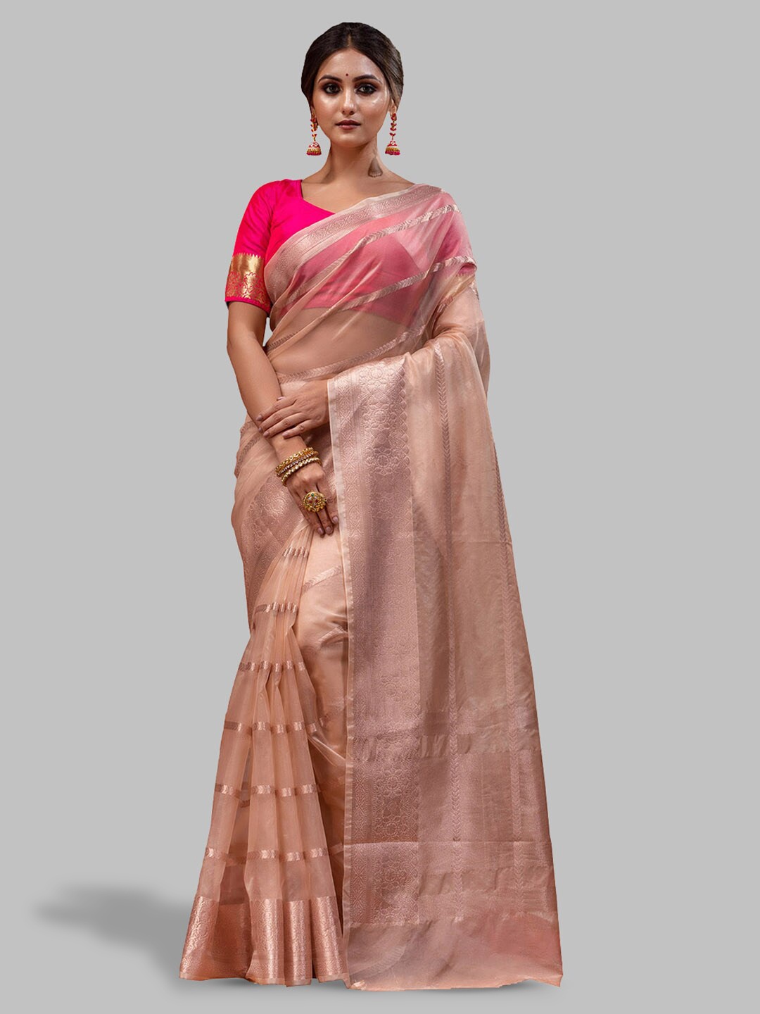 

HOUSE OF BEGUM Ethnic Motifs Woven Design Zari Organza Handloom Banarasi Saree, Beige