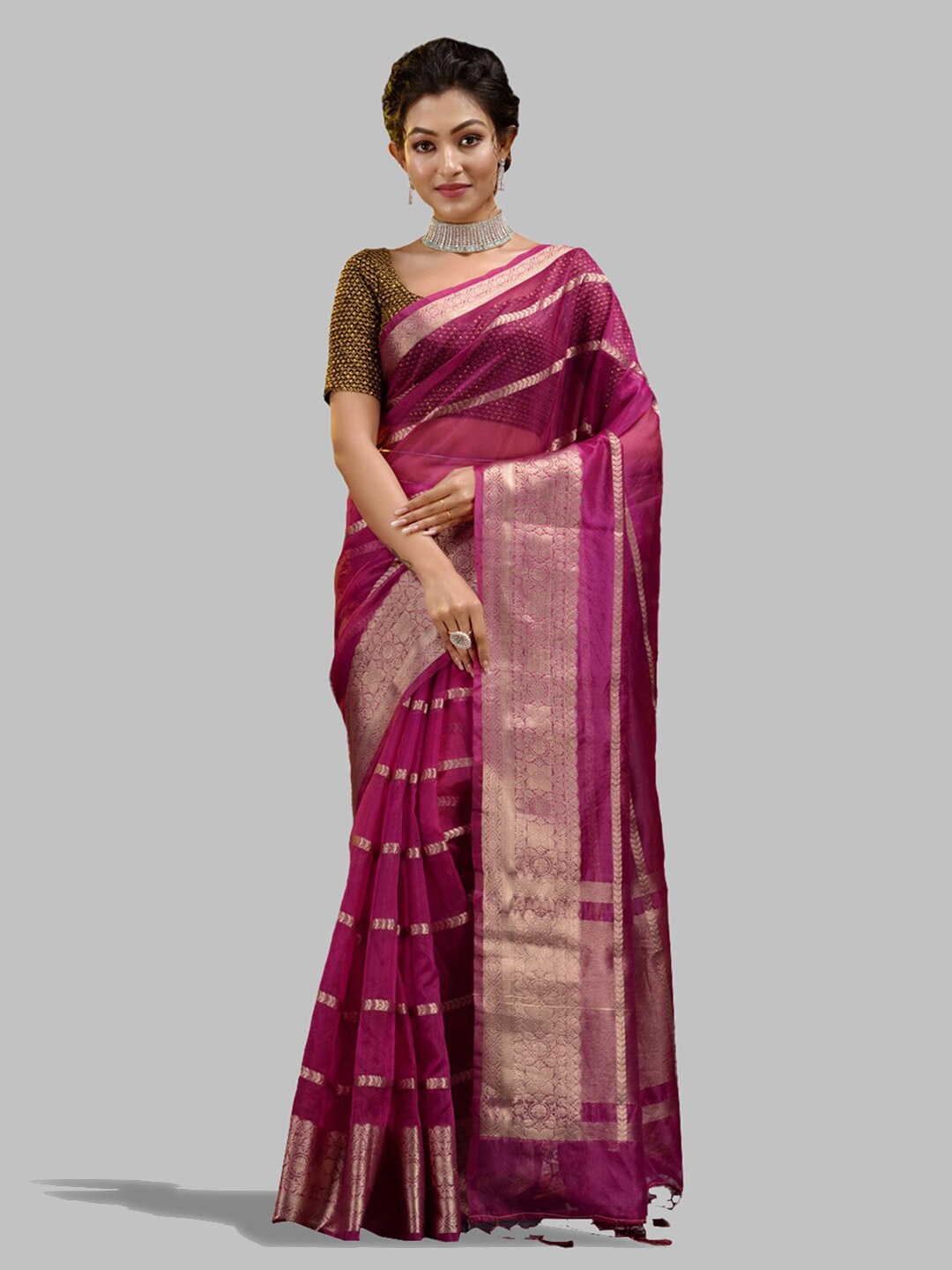 

HOUSE OF BEGUM Ethnic Motifs Woven Design Zari Organza Handloom Banarasi Saree, Burgundy