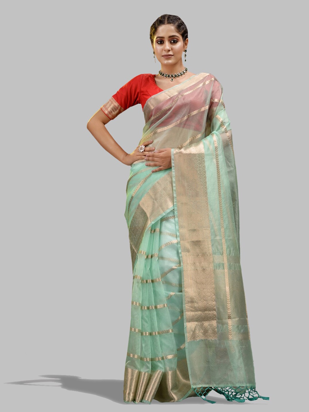 

HOUSE OF BEGUM Ethnic Motifs Woven Design Zari Organza Handloom Banarasi Saree, Sea green