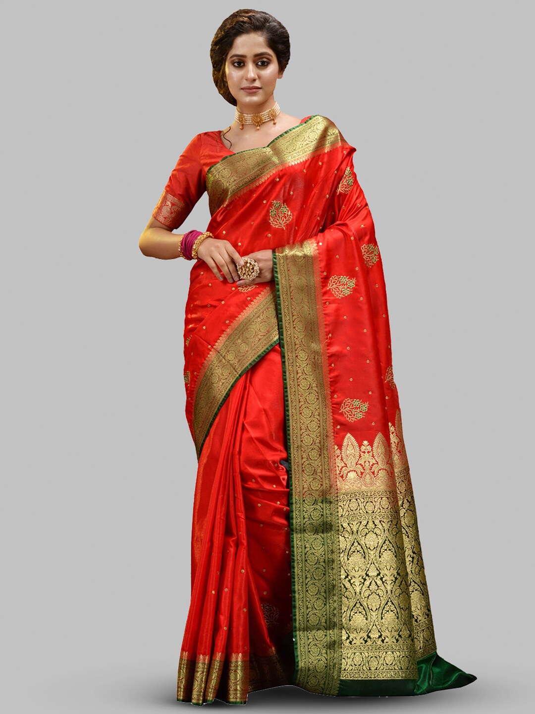 

HOUSE OF BEGUM Ethnic Motif Woven Design Zari Banarasi Saree, Red