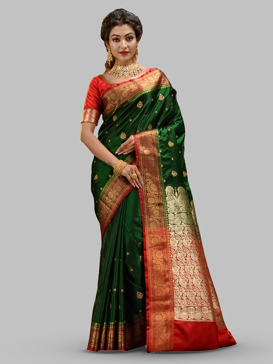 

HOUSE OF BEGUM Ethnic Motif Woven Design Zari Banarasi Saree, Green