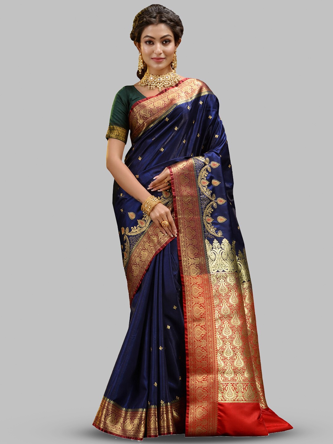 

HOUSE OF BEGUM Navy Blue & Red Ethnic Motifs Zari Satin Silk Banarasi Saree