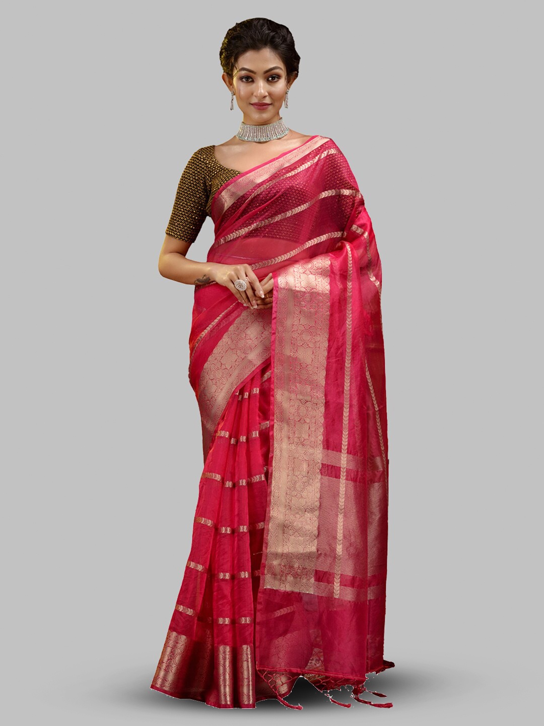 

HOUSE OF BEGUM Woven Design Zari Organza Banarasi Saree, Pink
