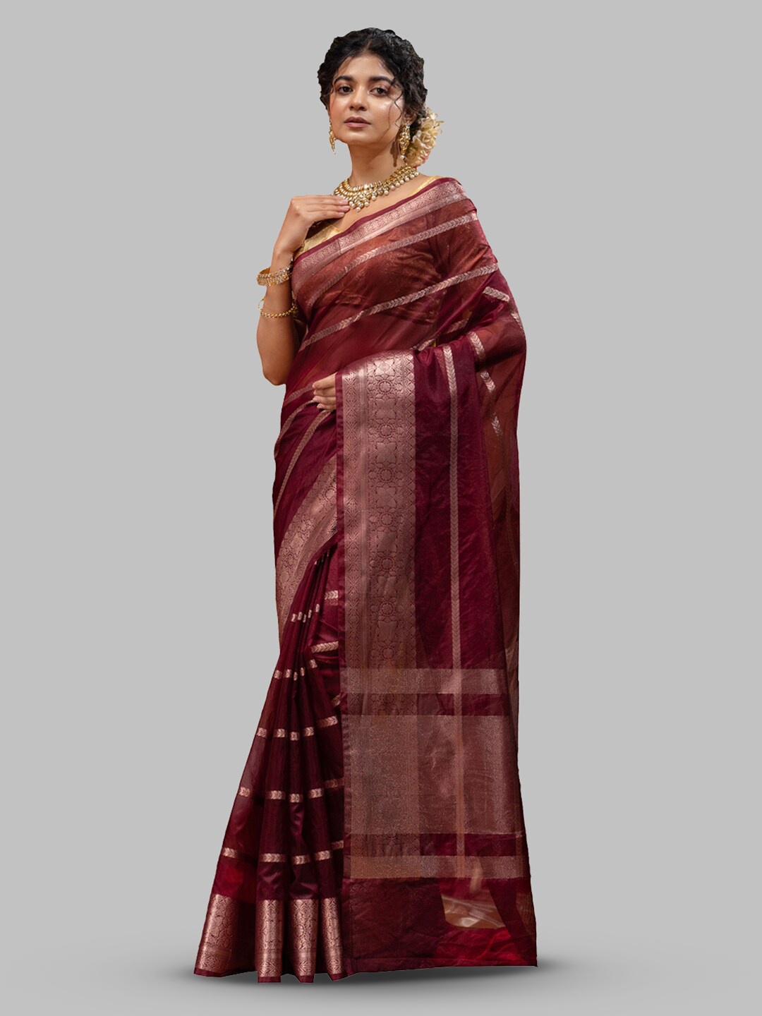 

HOUSE OF BEGUM Woven Design Zari Organza Banarasi Saree, Brown