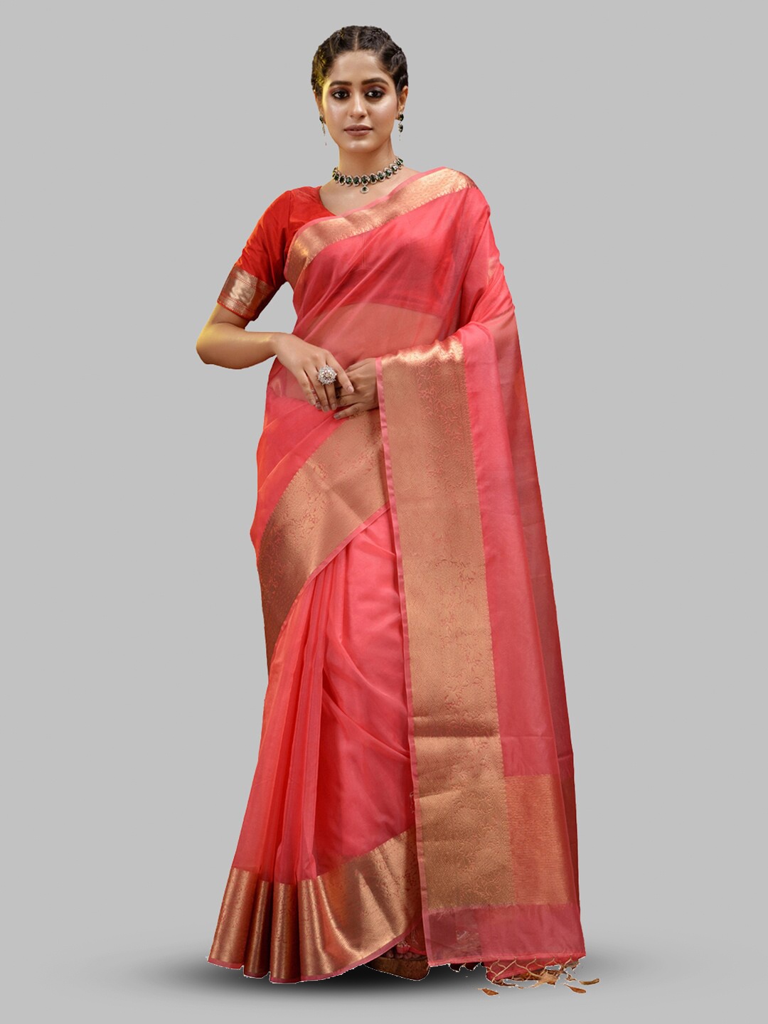 

HOUSE OF BEGUM Ethnic Motif Zari Organza Handloom Banarasi Saree With Blouse Piece, Pink