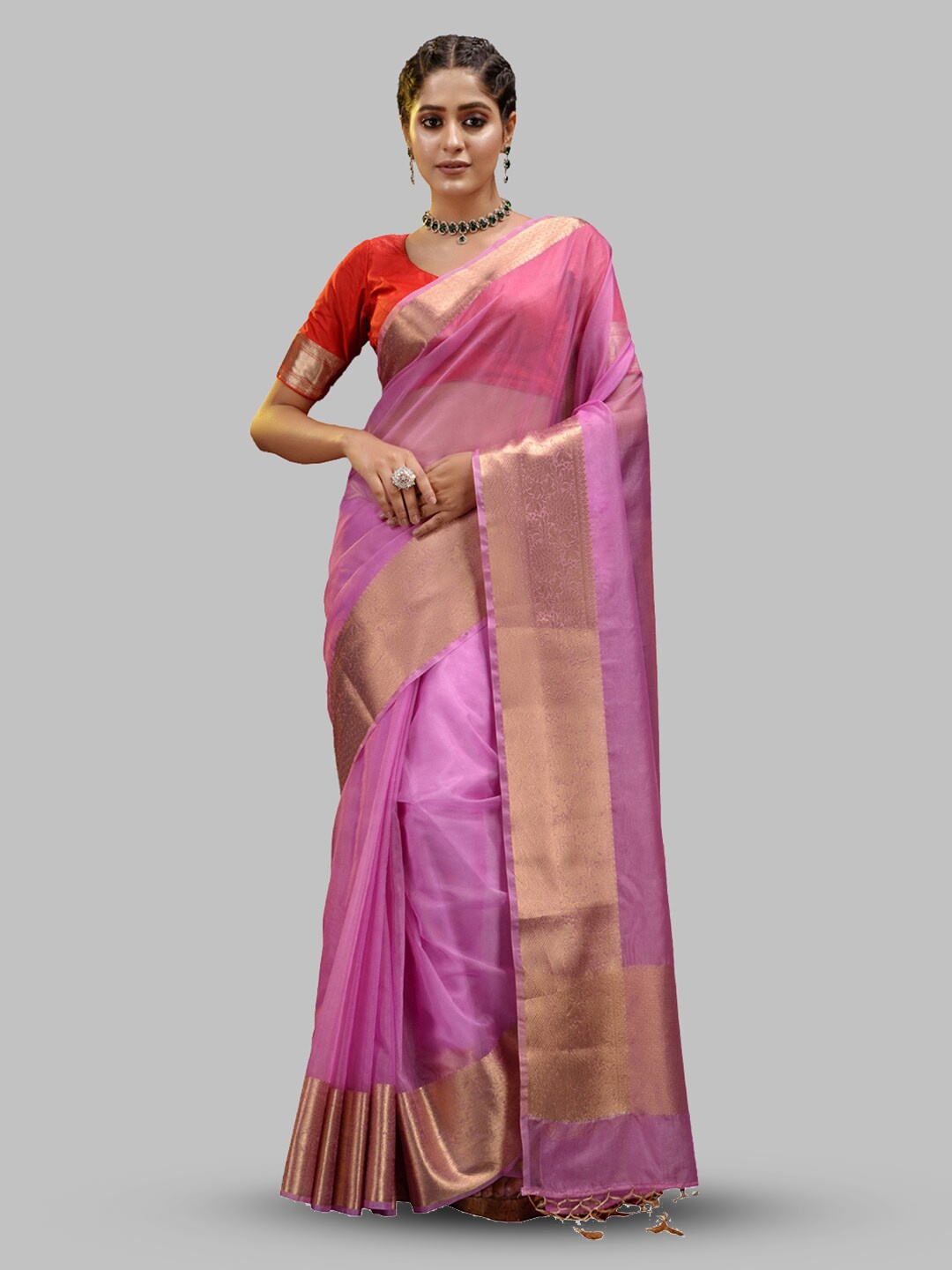 

HOUSE OF BEGUM Ethnic Motif Zari Organza Banarasi Saree With Blouse Piece, Purple