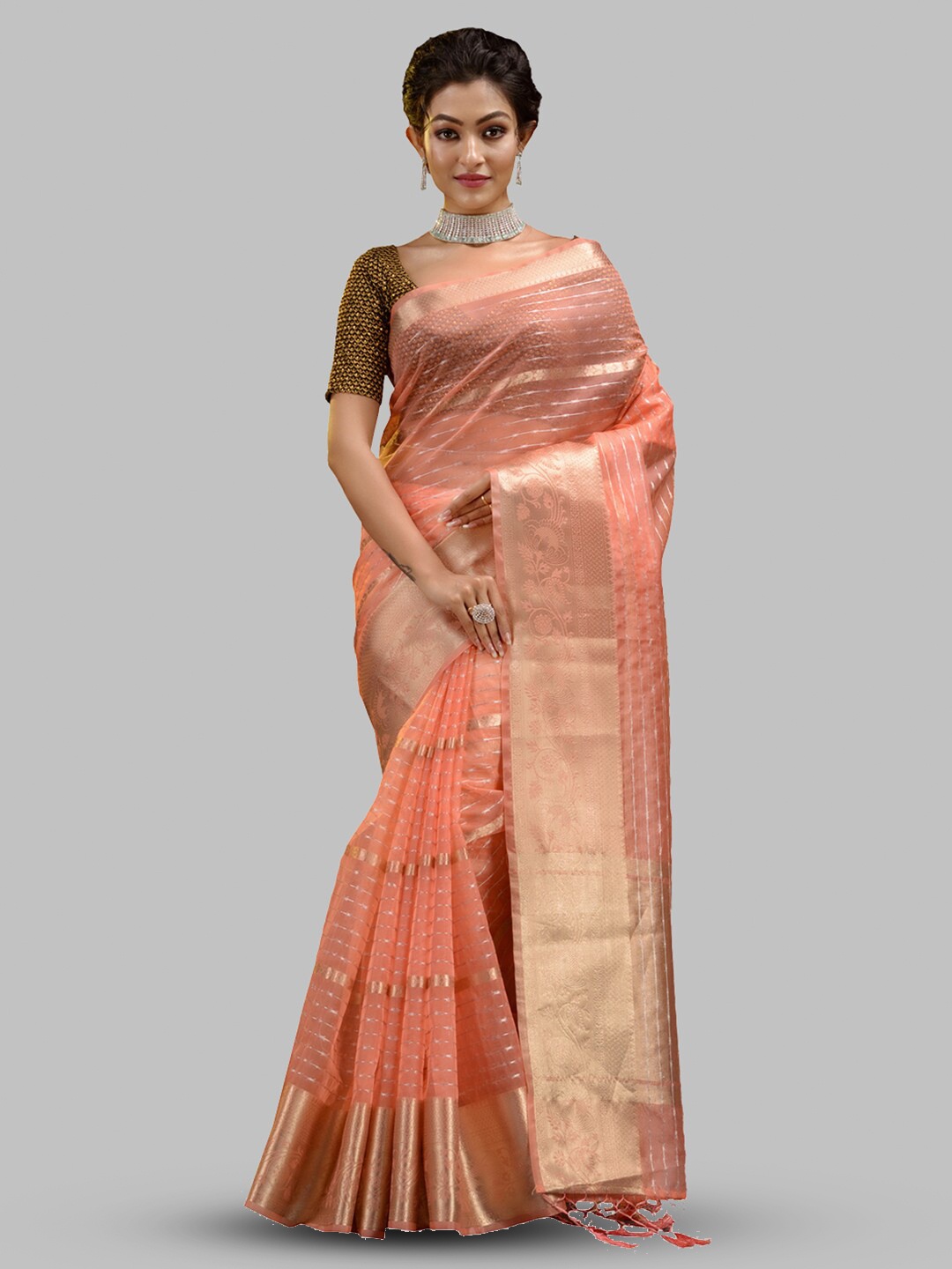 

HOUSE OF BEGUM Ethnic Motif Zari Organza Handloom Banarasi Saree With Blouse Piece, Peach