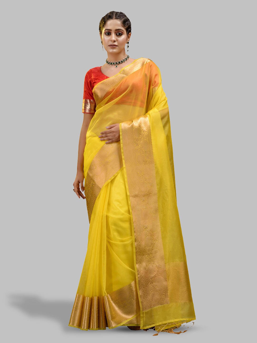 

HOUSE OF BEGUM Ethnic Motif Zari Organza Handloom Banarasi Saree With Blouse Piece, Yellow