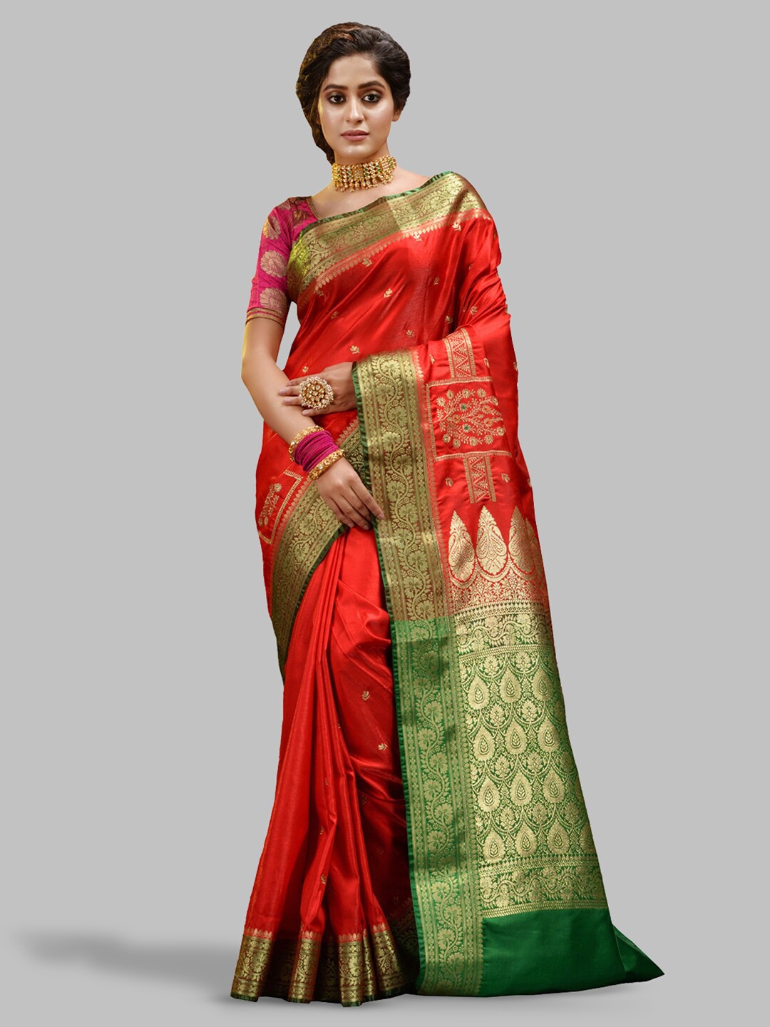 

HOUSE OF BEGUM Ethnic Motif Zari Silk Blend Banarasi Saree With Blouse Piece, Red