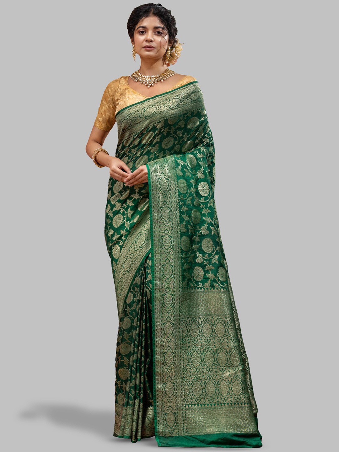 

HOUSE OF BEGUM Ethnic Motif Zari Silk Blend Banarasi Saree With Blouse Piece, Green