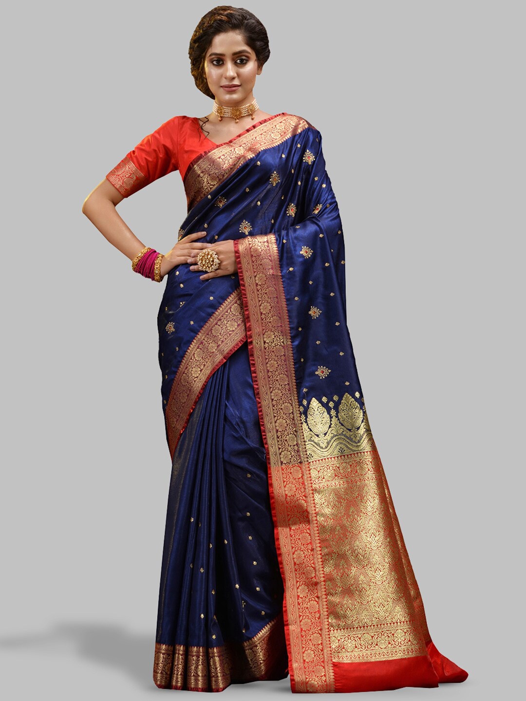 

HOUSE OF BEGUM Ethnic Motifs Woven Design Zari Banarasi Saree, Navy blue