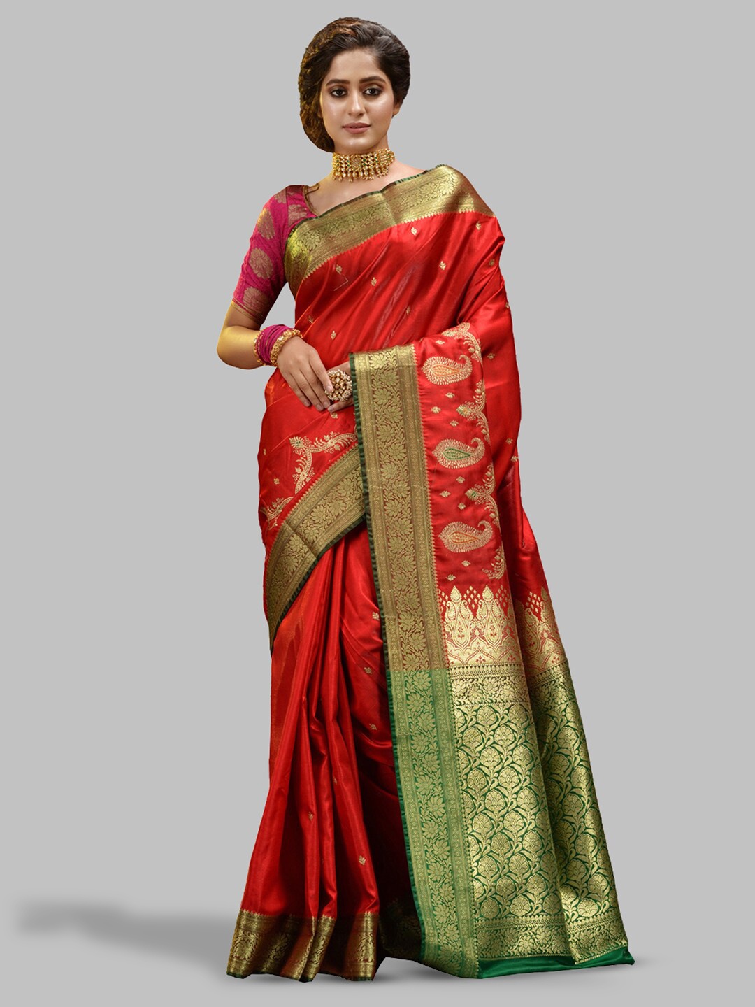 

HOUSE OF BEGUM Paisley Woven Design Zari Banarasi Saree, Red