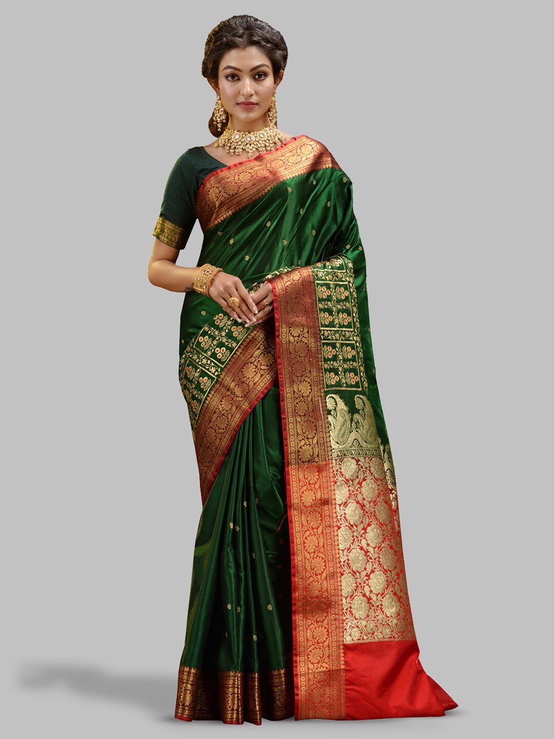 

HOUSE OF BEGUM Floral Woven Design Zari Silk Blend Banarasi Saree, Green