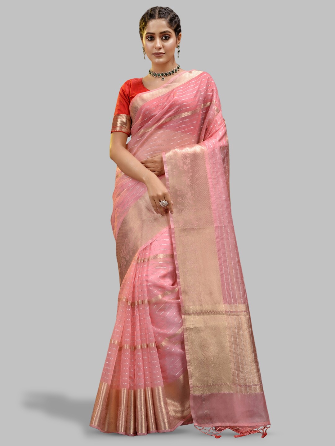 

HOUSE OF BEGUM Woven Design Zari Organza Banarasi Saree, Pink