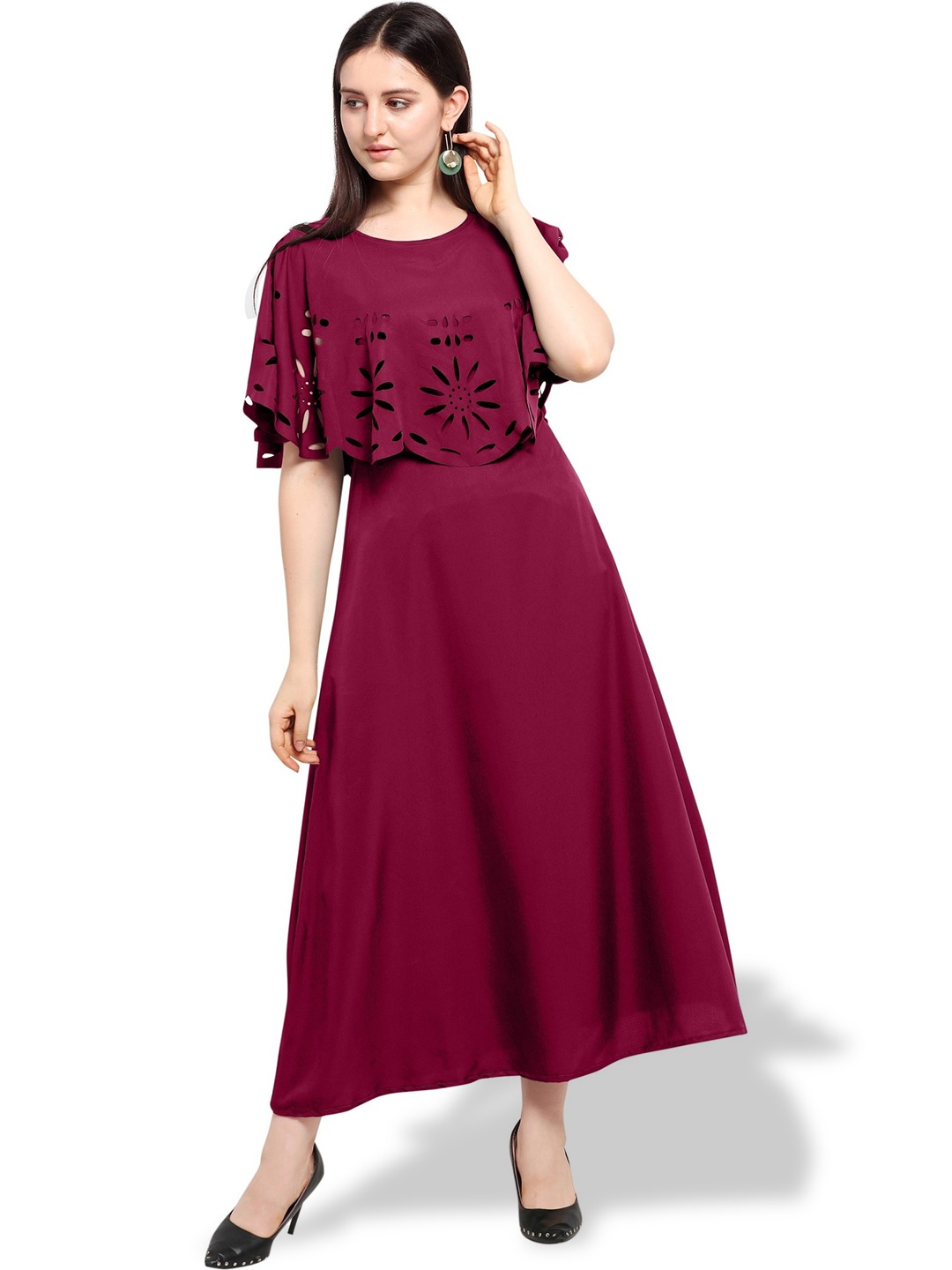 

OCEANISTA Round Neck Cape Sleeve Fit & Flare Dress, Burgundy
