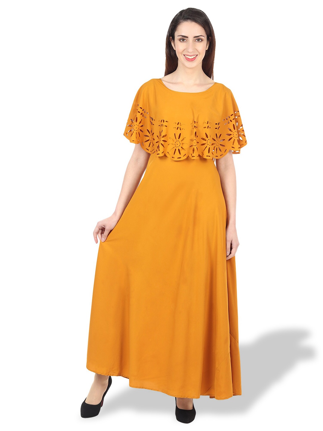 

OCEANISTA Round Neck Cape Sleeve Fit & Flare Dress, Mustard