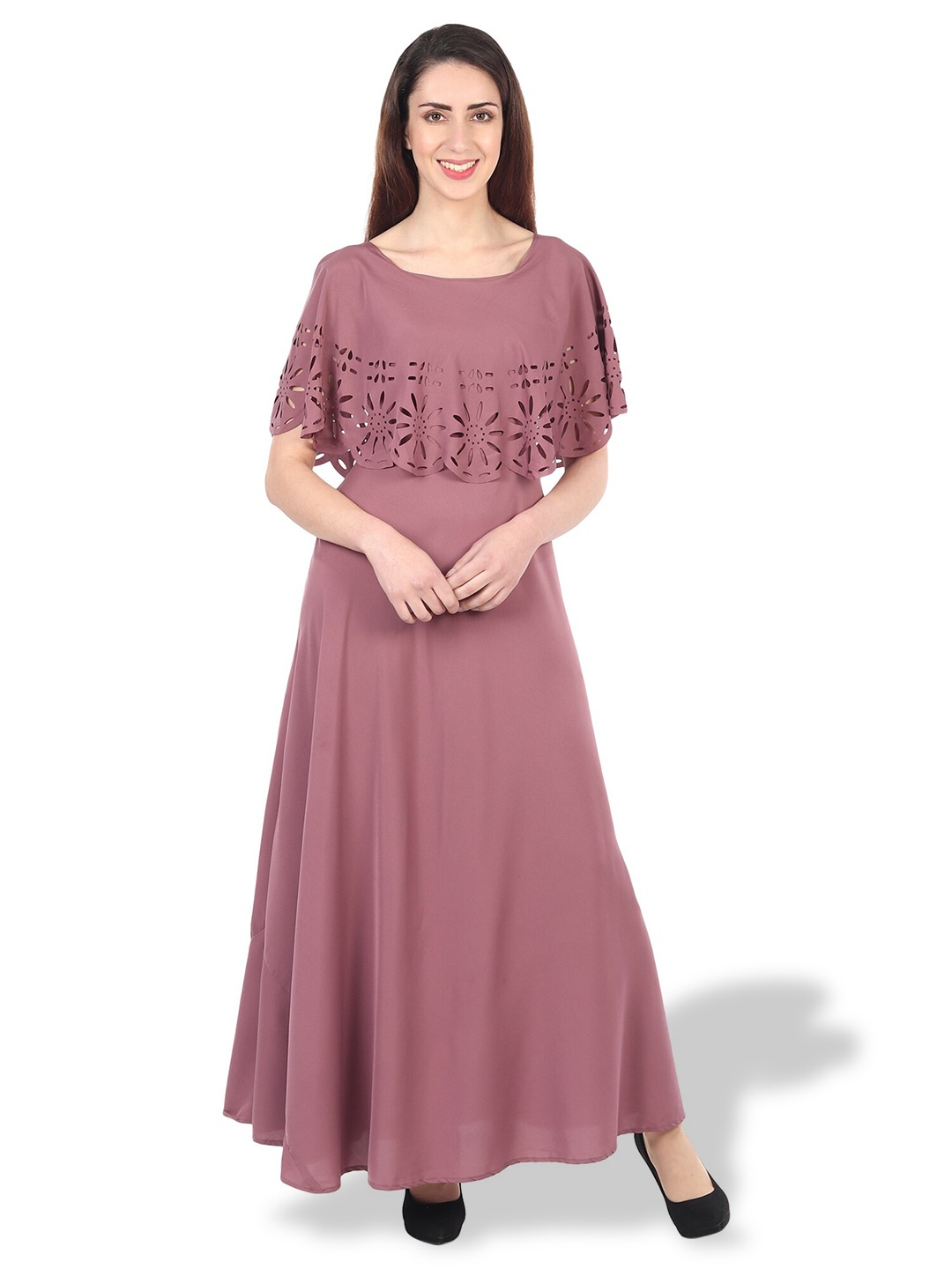 

OCEANISTA Round Neck Cape Sleeve Fit & Flare Dress, Brown