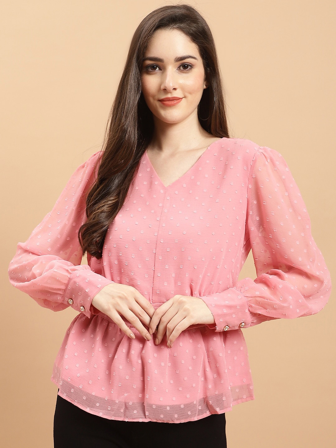 

Purple State V-Neck Self Design Smocked Top, Pink