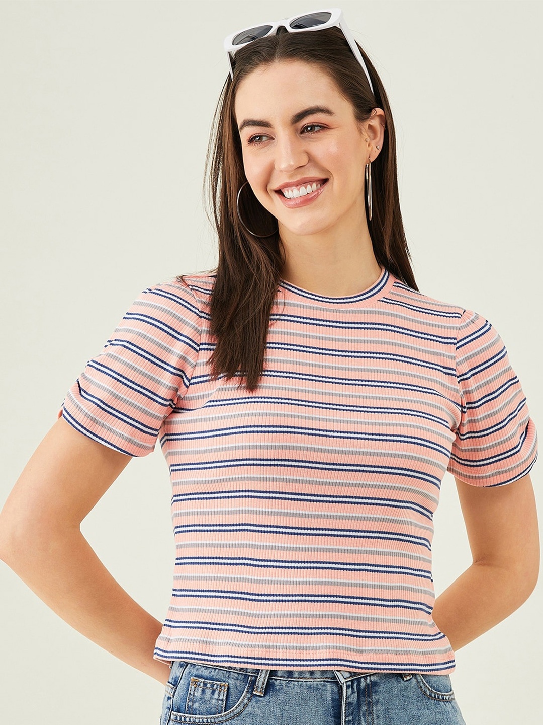 

Modeve Horizontal Stripes Striped Ruched Detail Top, Peach