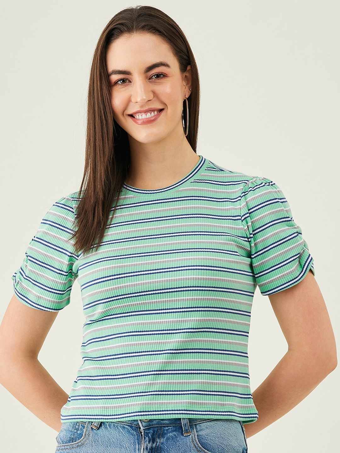 

Modeve Horizontal Stripes Striped Puff Sleeves Ruched Detail Top, Green