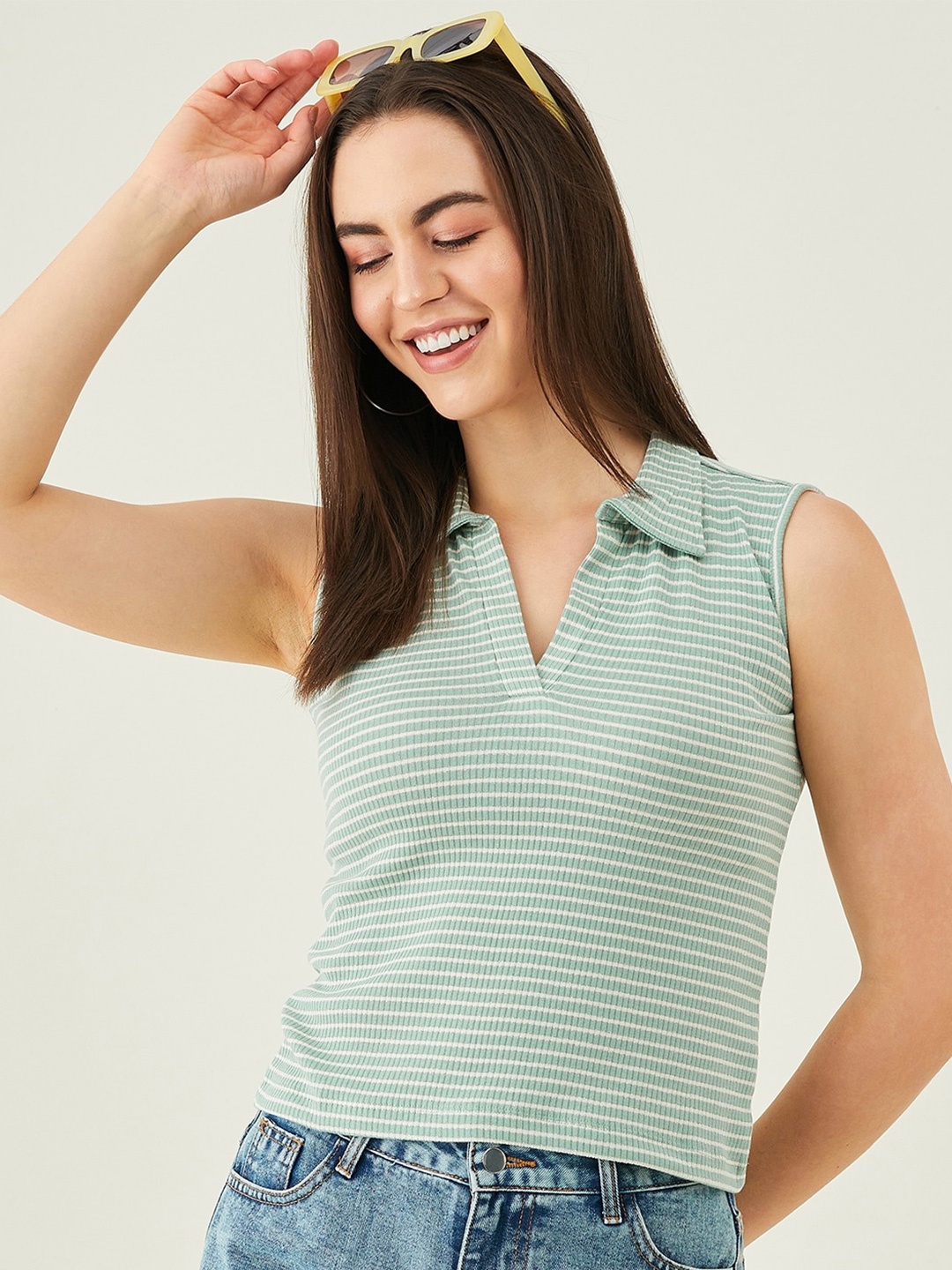

Modeve Striped Shirt Collar Sleeveless Fitted Top, Green