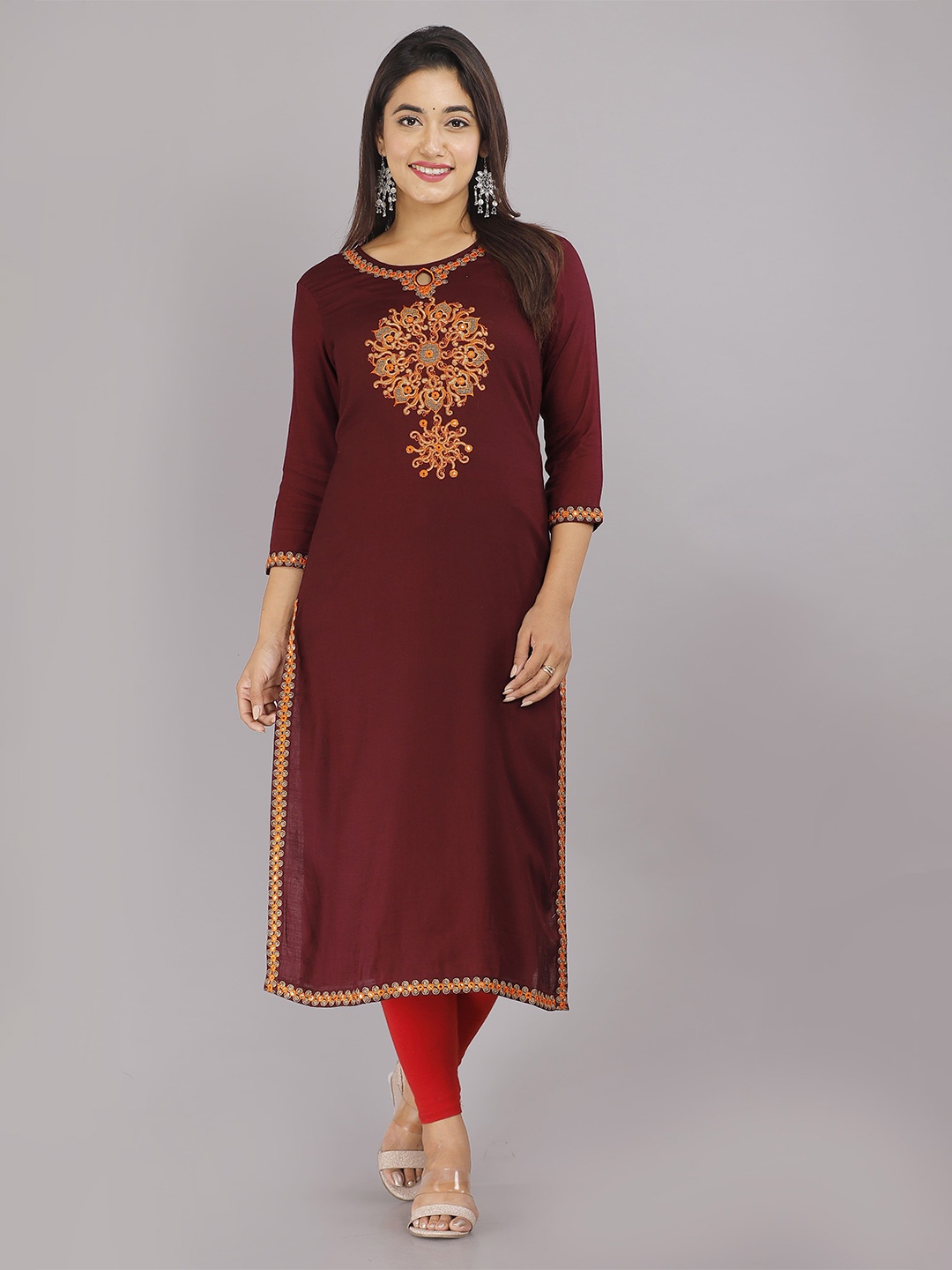 

KALINI Ethnic Motif Embroidered Straight Kurta, Maroon