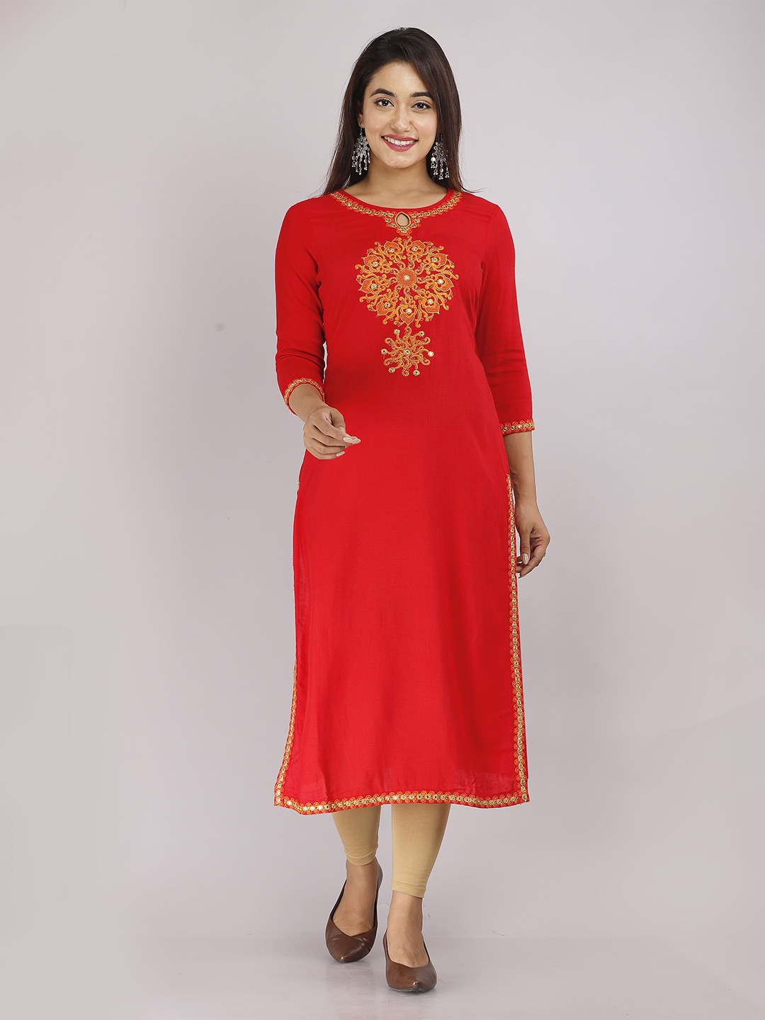 

KALINI Ethnic Motif Embroidered Straight Kurta, Red