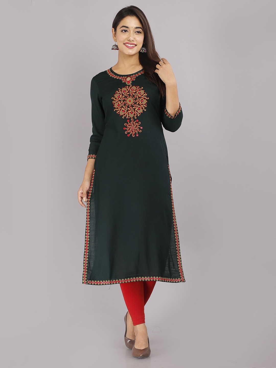 

KALINI Ethnic Motif Embroidered Straight Kurta, Green