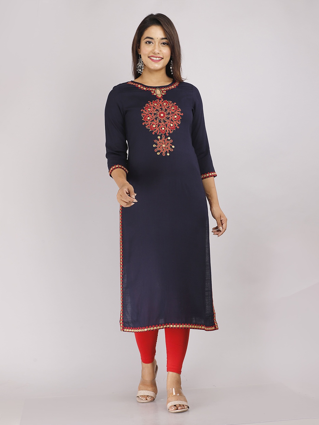 

KALINI Ethnic Motifs Embroidered Straight Kurta, Blue