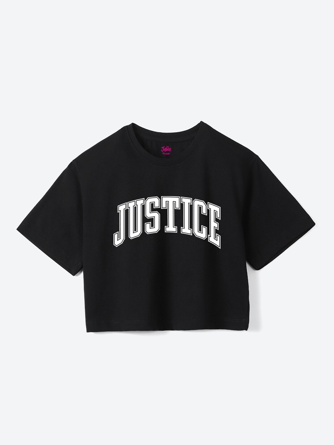 

JUSTICE Girls Typography Printed Round Neck Pure Cotton Boxy Fit T-shirt, Black