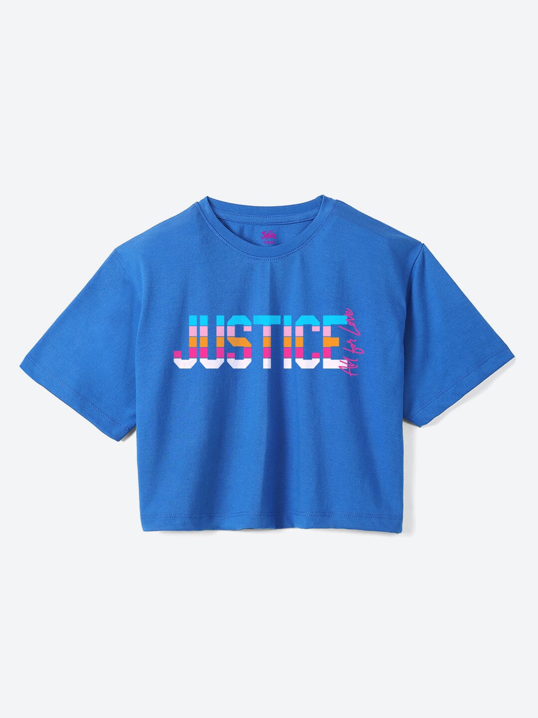 JUSTICE Girls Typography Printed Round Neck Pure Cotton Boxy Fit T-shirt, Blue