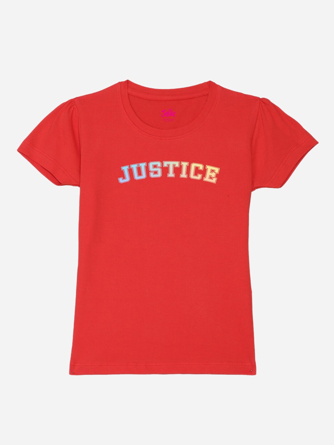 JUSTICE Girls Typography Printed Round Neck Pure Cotton T-shirt, Red