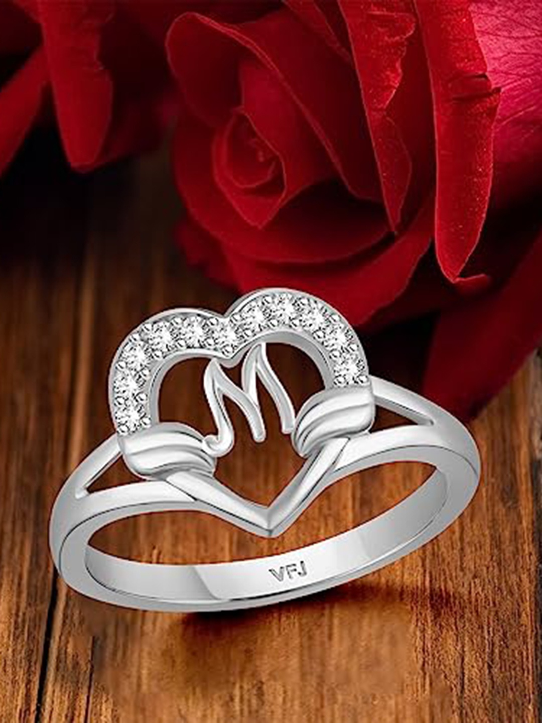 

Vighnaharta Rhodium Plated CZ Studded Heart Shaped M Alphabet Finger Ring, Silver