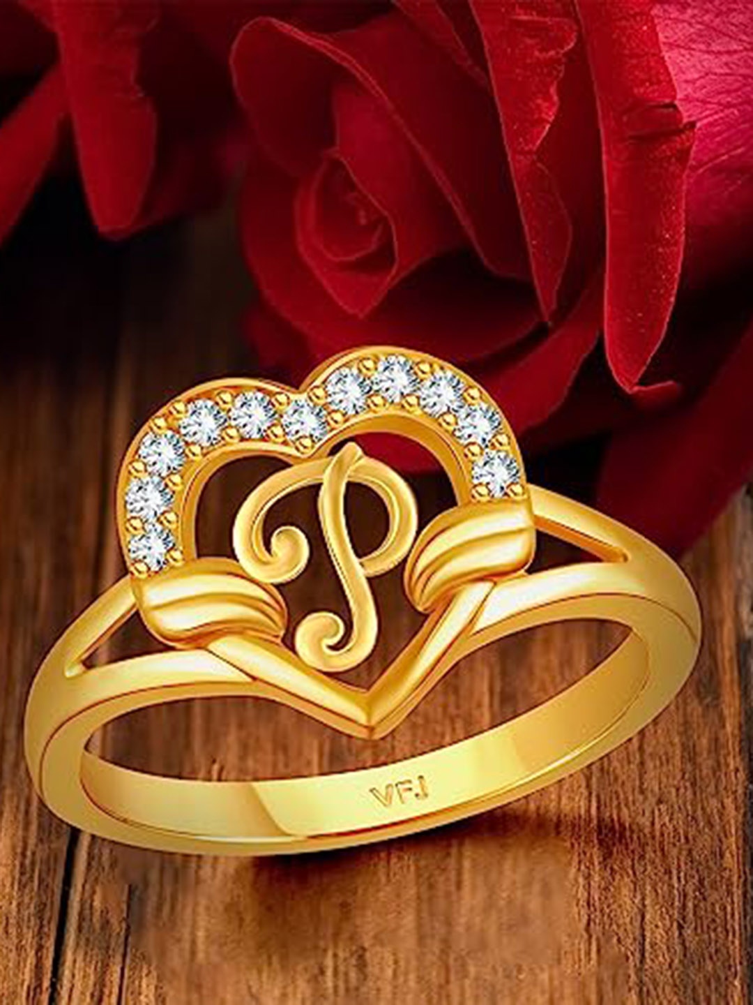 

Vighnaharta Gold-Plated CZ Studded Alphabet P Finger Ring