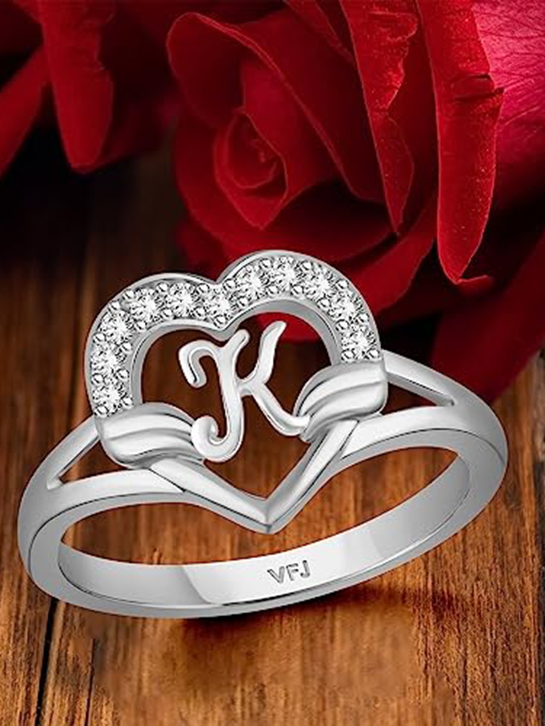 

Vighnaharta Rhodium-Plated CZ Studded Alphabet K Finger Ring, Silver