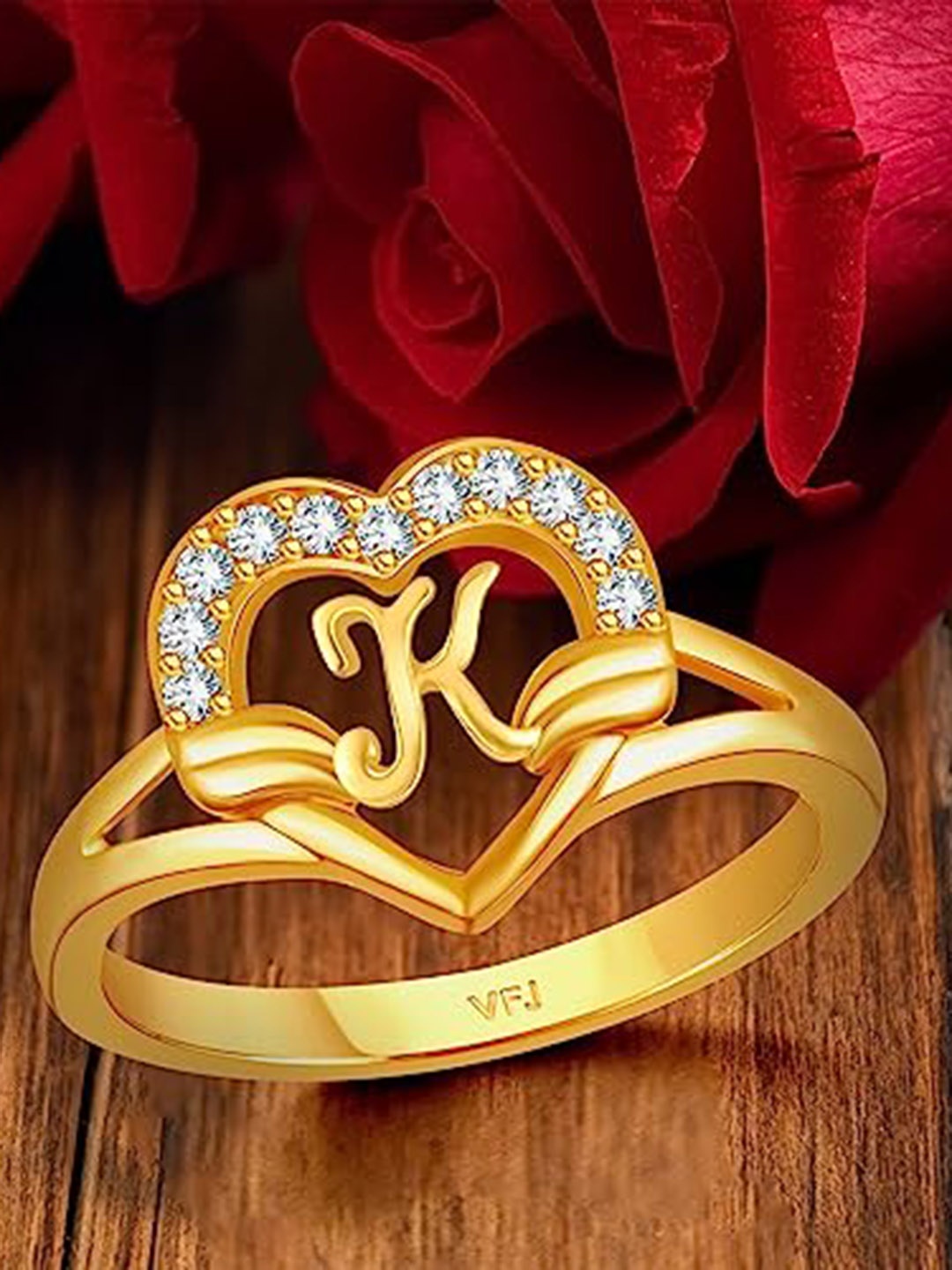 

Vighnaharta Gold-Plated CZ Studded Alphabet K Finger Ring