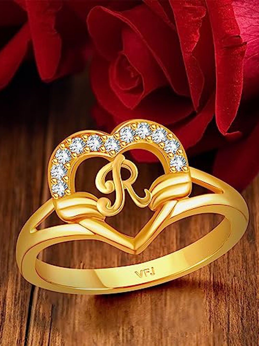 

Vighnaharta Gold-Plated CZ Studded Alphabet R Finger Ring