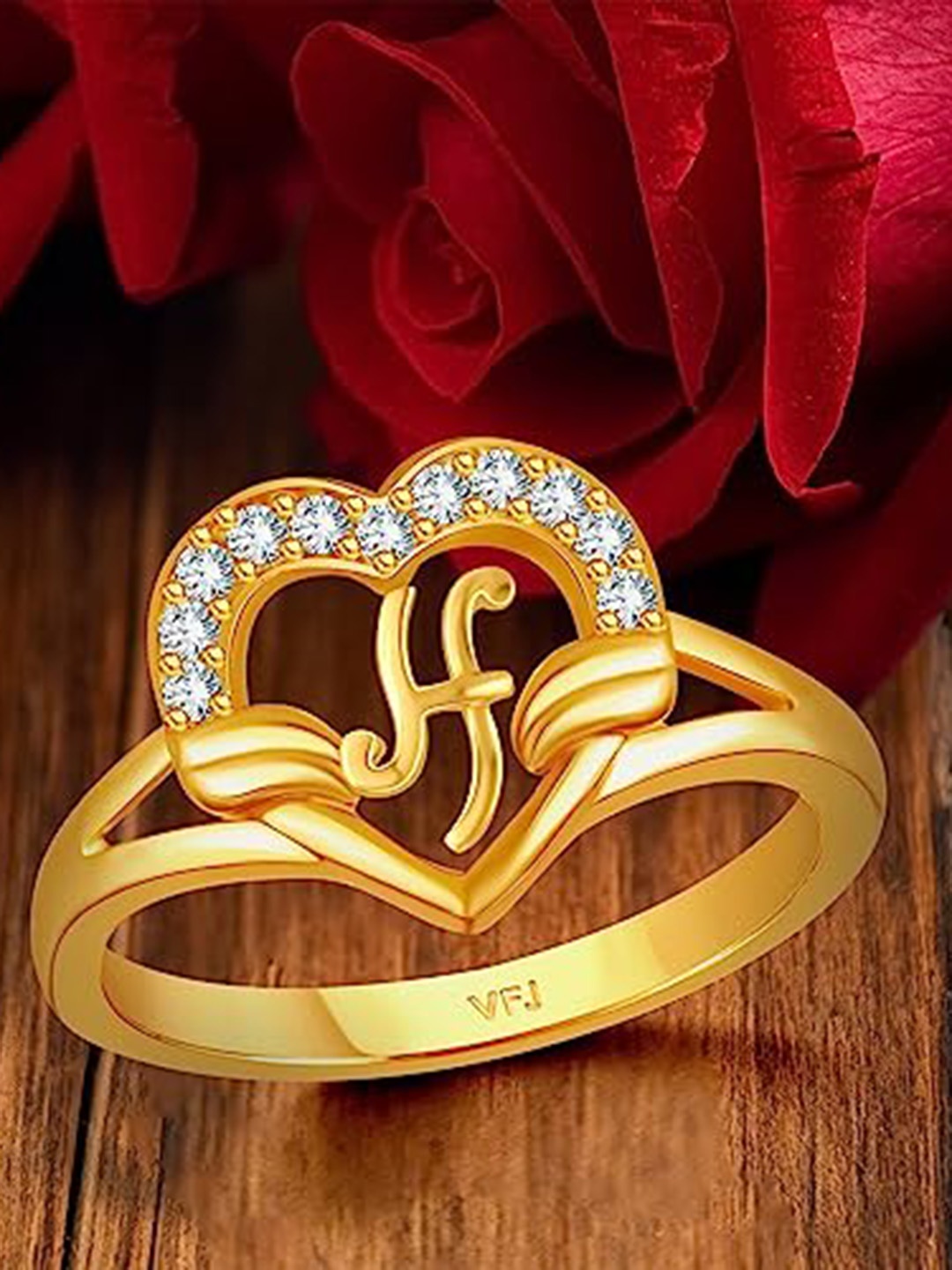 

Vighnaharta Gold-Plated CZ Studded Alphabet H Heart Finger Ring