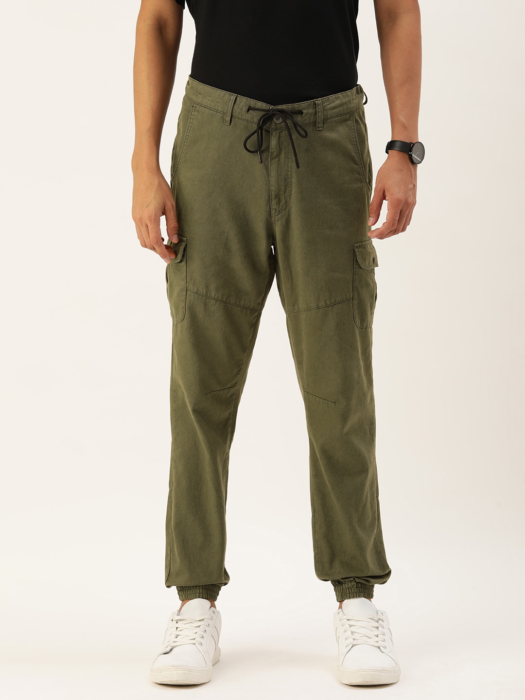 

IVOC Men Solid Cotton Cargo Pocket Joggers, Olive