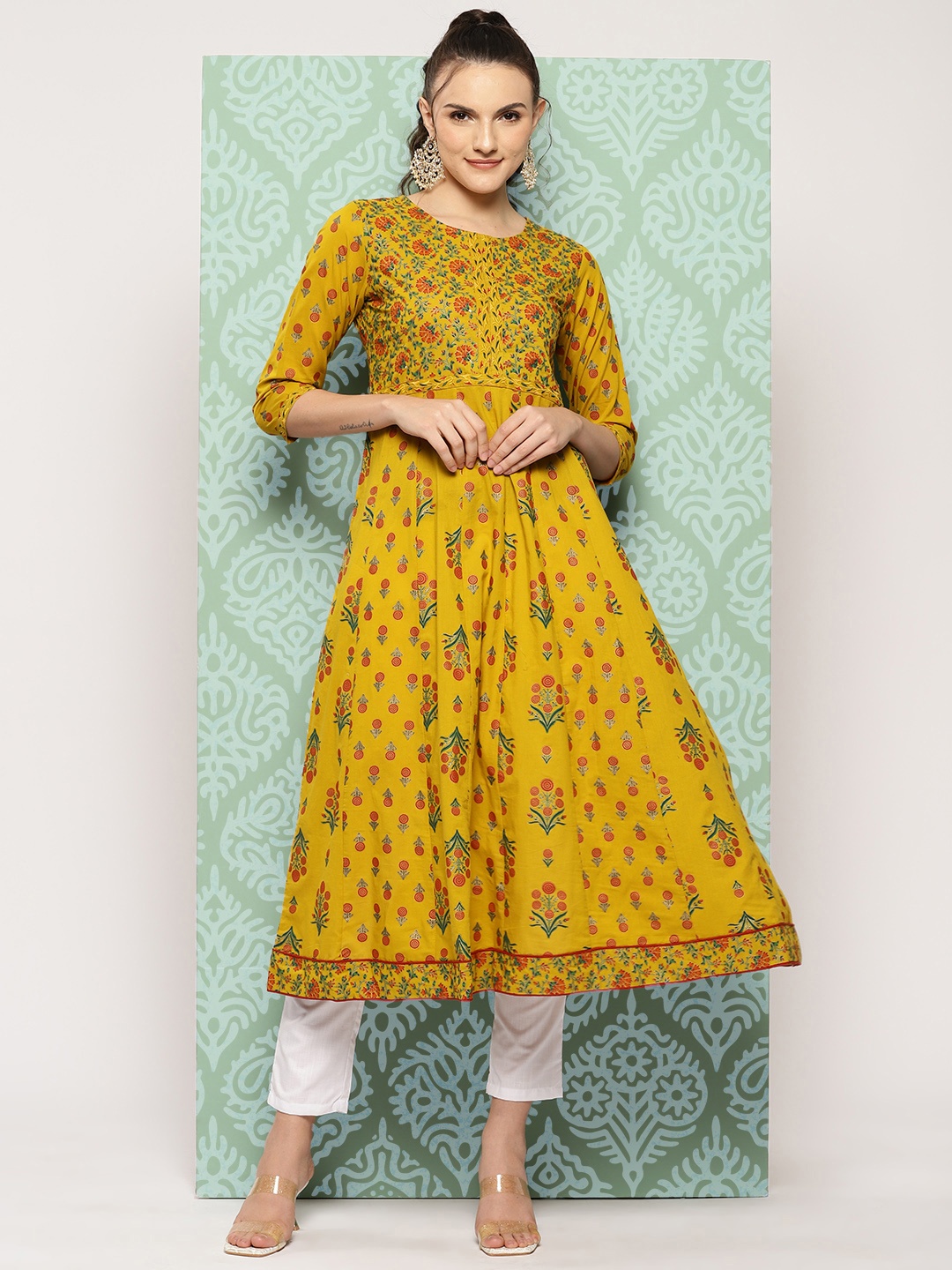 

Yufta Ethnic Motifs Printed Cotton Floral Kurta, Mustard