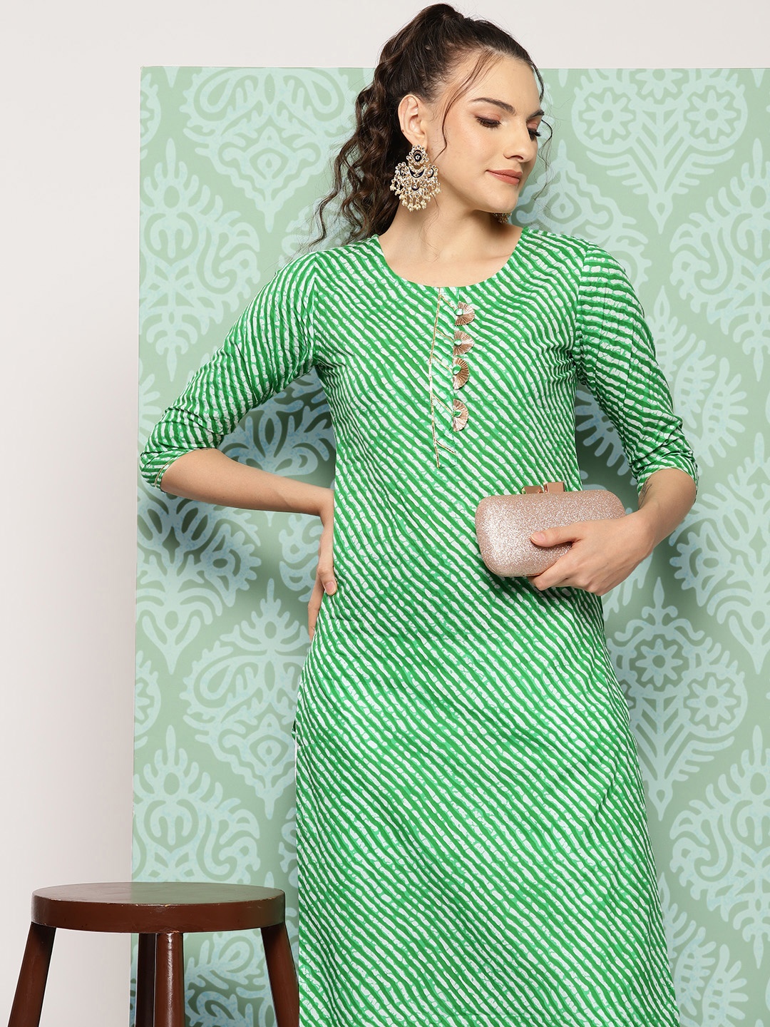 

Yufta Leheriya Printed Cotton Kurta, Green