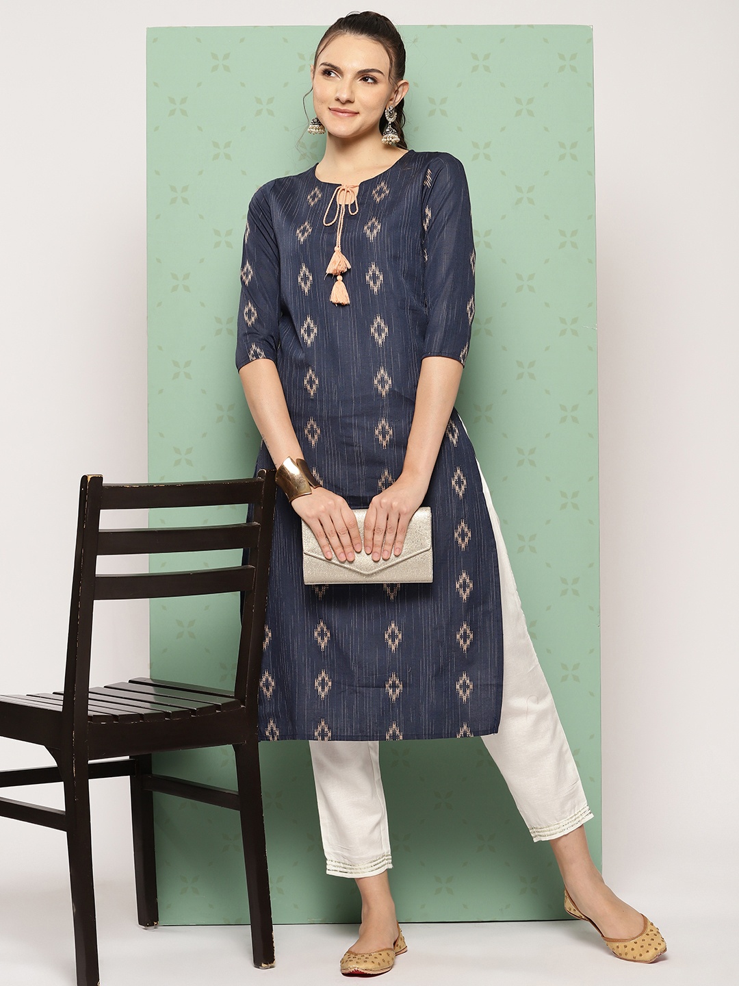 

Yufta Woven Design Tie-Up Neck Pure Cotton Kurta, Navy blue
